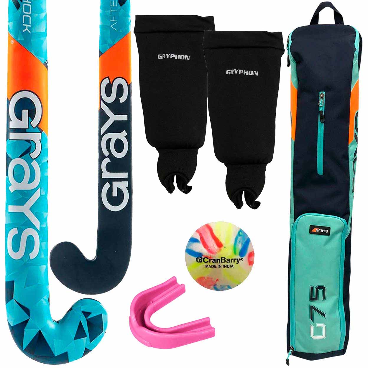 Grays hockey sticks, protective gear, ball, and carrying case on a white background