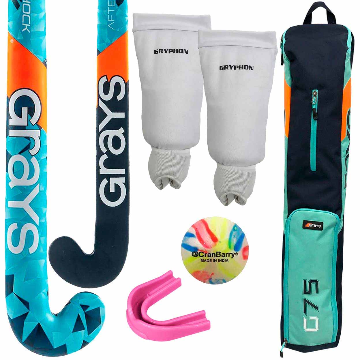 Grays hockey sticks, protective gear, ball, and carrying case on a white background