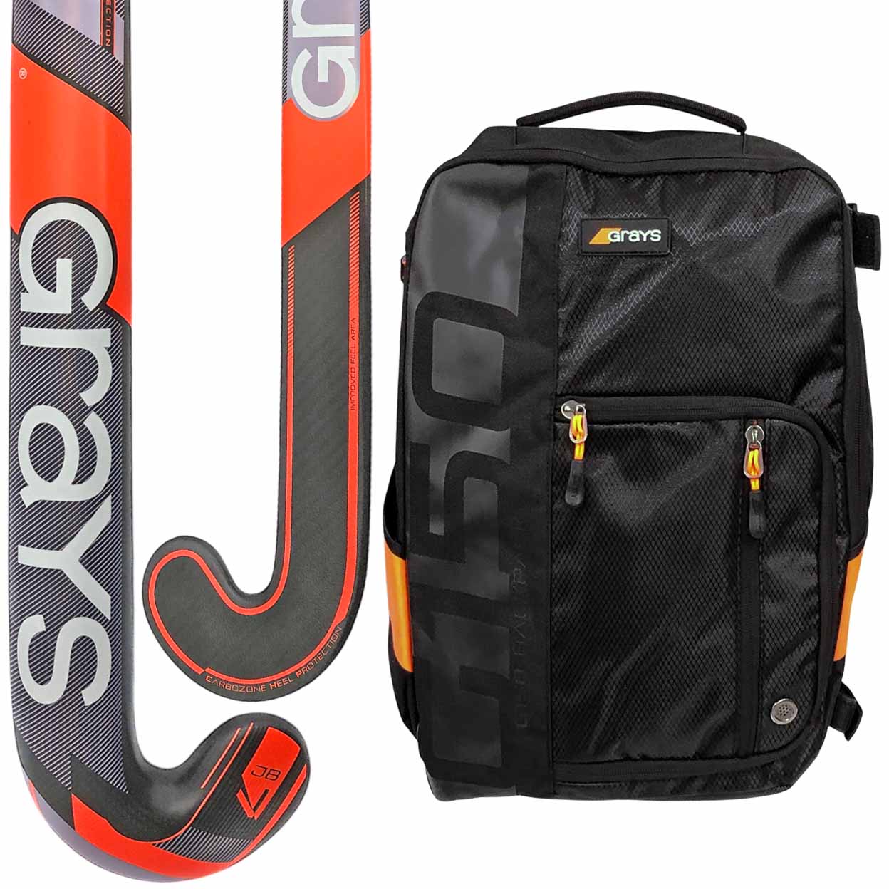 Gray's hockey stick and backpack on a white background