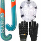 A sports equipment set on a white background featuring a teal and orange hockey stick labeled 'Grays', a clear protective headguard with a black TK logo, and a pair of black gloves.