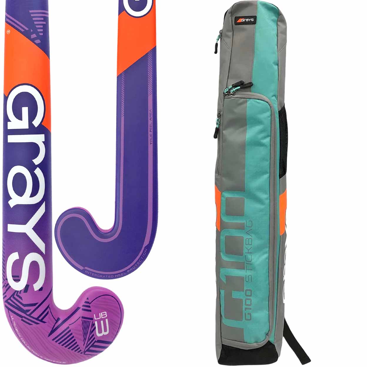 Gray's hockey stick and carrying case on a white background