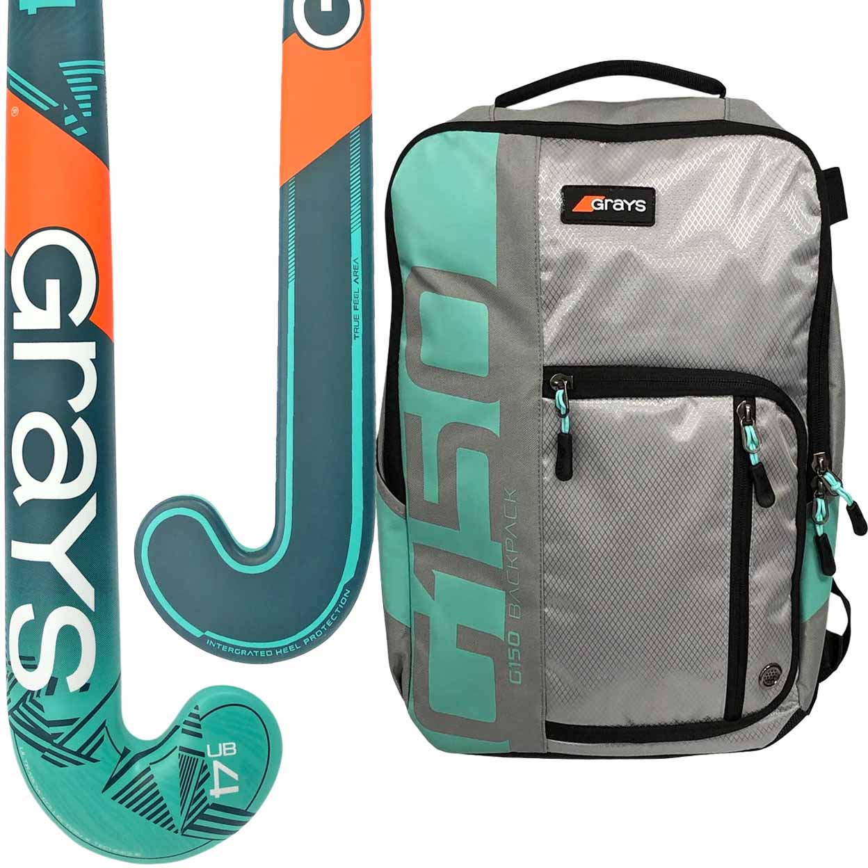 Grays hockey stick and backpack on a white background