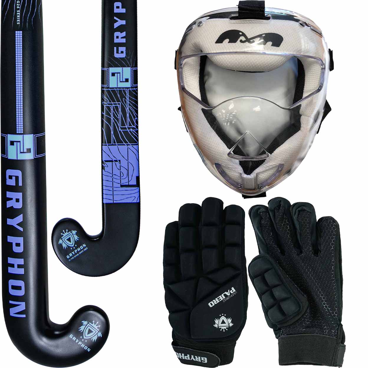 A field hockey gear set featuring a black GRYPHON stick with blue graphics, a white and black face mask, and a pair of black protective gloves with white branding, all arranged on a plain white background.
