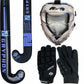 A field hockey gear set featuring a black GRYPHON stick with blue graphics, a white and black face mask, and a pair of black protective gloves with white branding, all arranged on a plain white background.