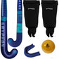 Gryphon hockey stick, leg guards, mouthguard, and ball on a white background