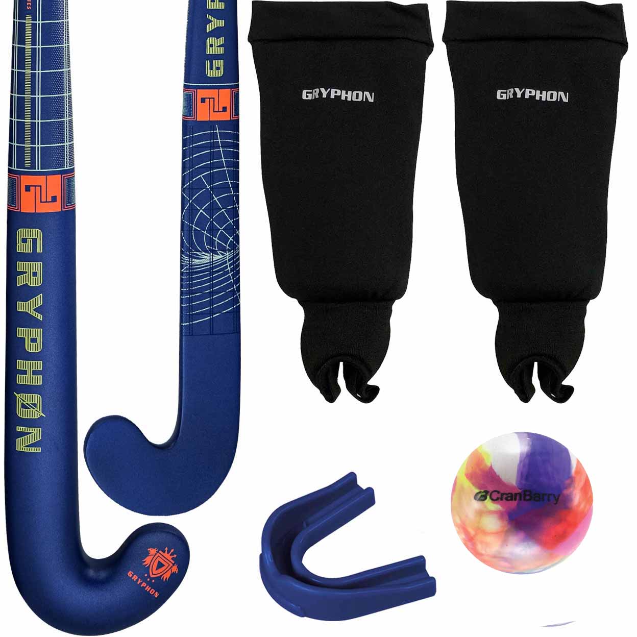 Two blue hockey sticks with protective black leg guards and a tie-dye ball on a white background, featuring the Gryphon brand.