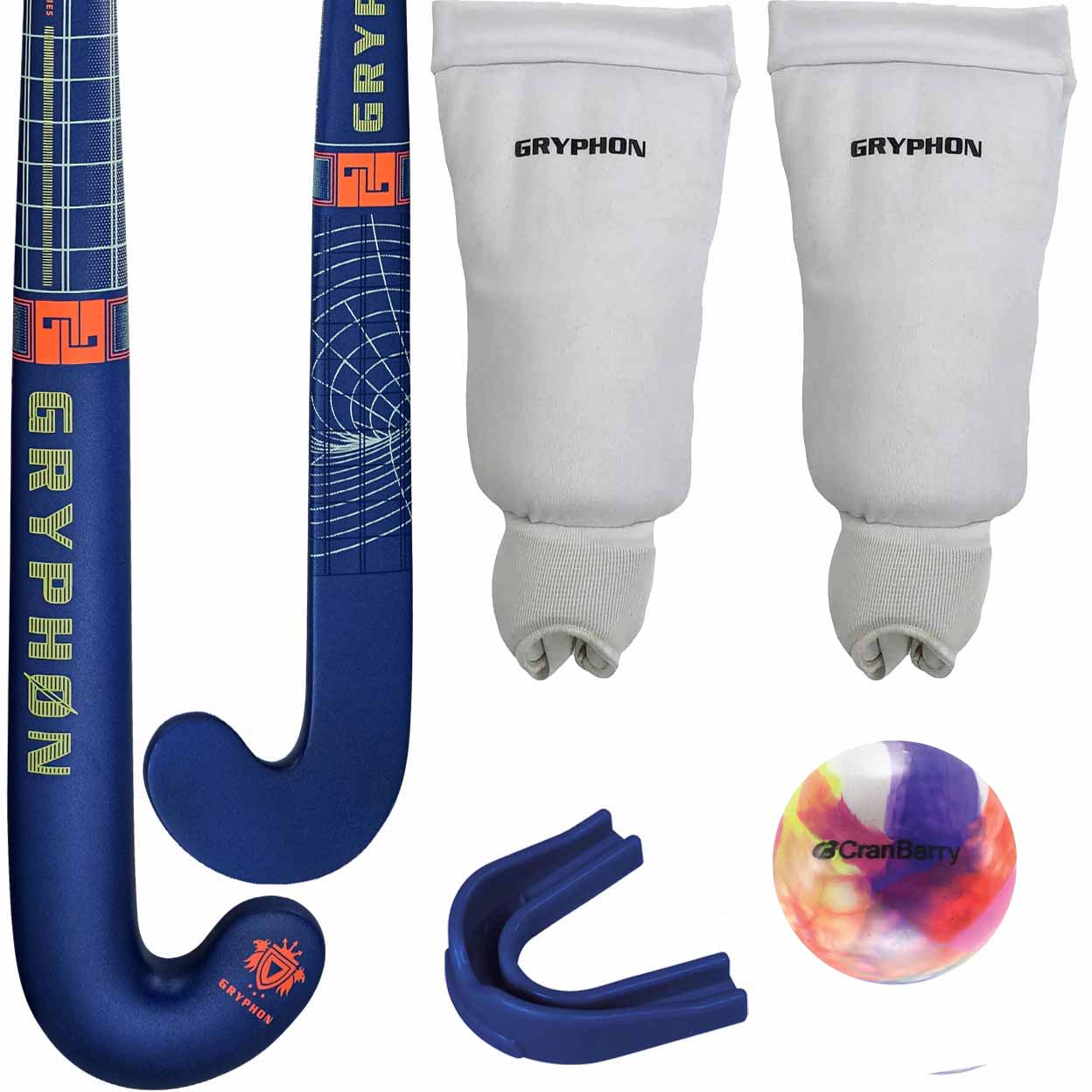 Hockey stick, leg guards, mouthguard, and colorful ball with Gryphon branding on a white background.