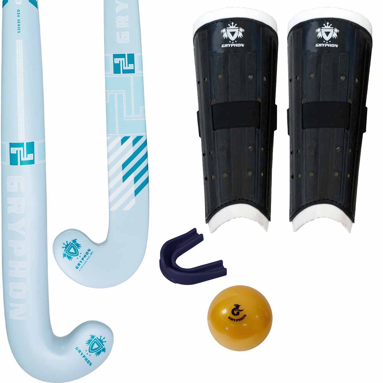 A sports kit featuring two light blue and white field hockey sticks, a pair of black shin guards with white trim, a dark blue mouthguard grip, and a yellow handball, all branded with Gryphon.
