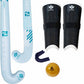 A sports kit featuring two light blue and white field hockey sticks, a pair of black shin guards with white trim, a dark blue mouthguard grip, and a yellow handball, all branded with Gryphon.