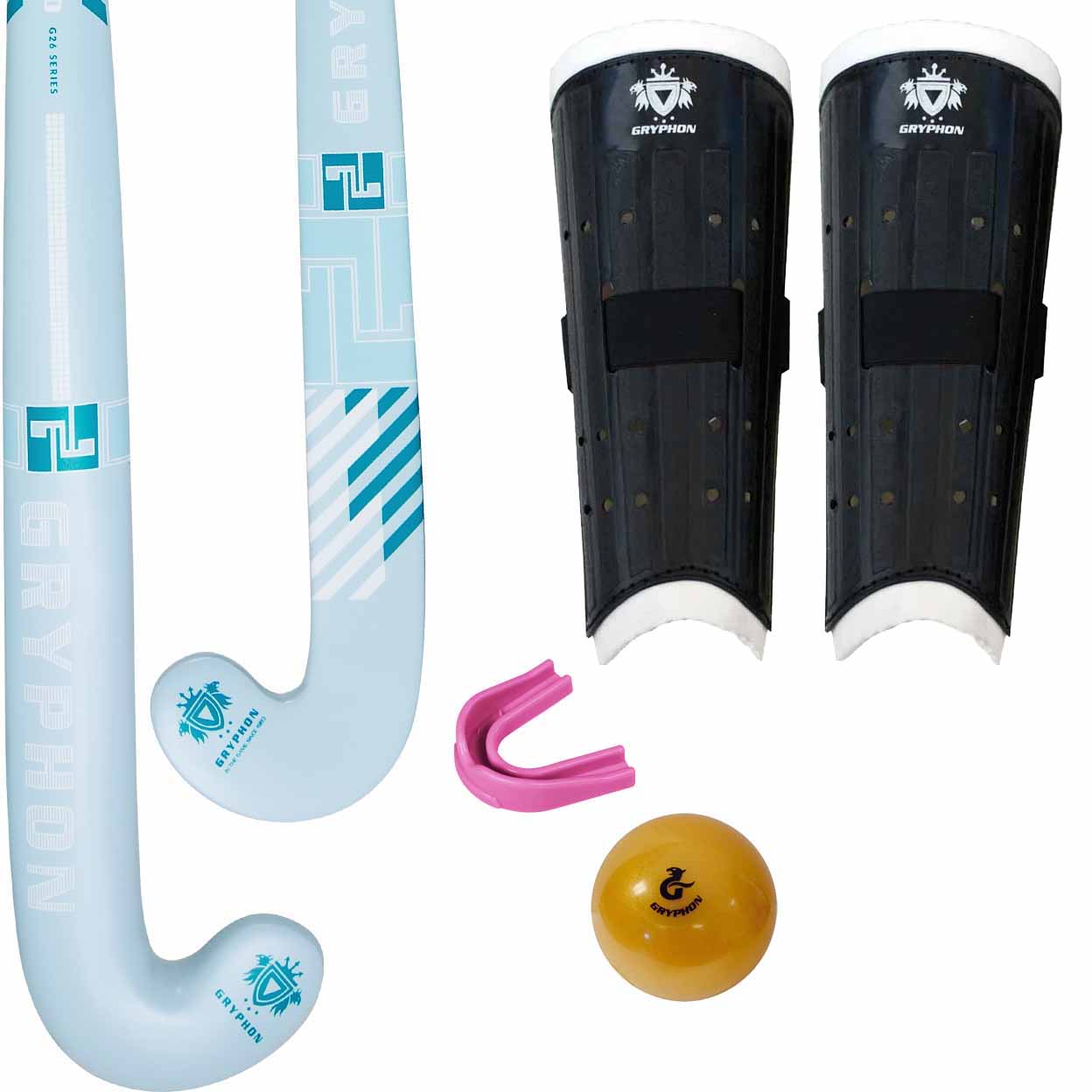 A sports kit featuring two light blue and white field hockey sticks, a pair of black shin guards with white trim, a pink mouthguard grip, and a yellow handball, all branded with Gryphon.