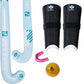 A sports kit featuring two light blue and white field hockey sticks, a pair of black shin guards with white trim, a pink mouthguard grip, and a yellow handball, all branded with Gryphon.