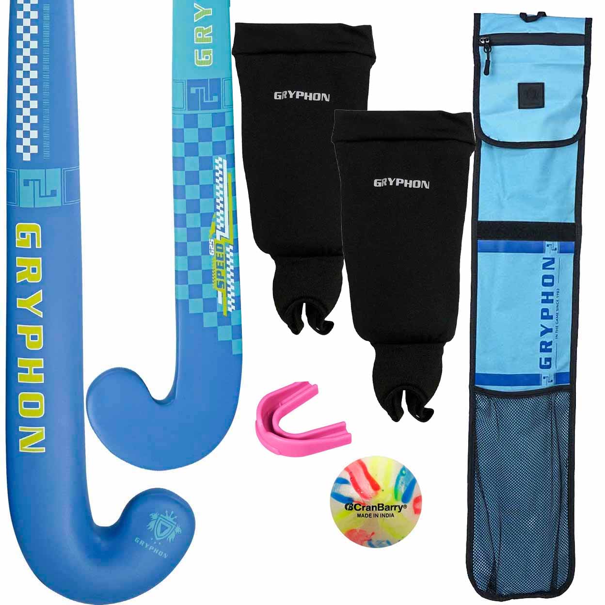 Blue Gryphon hockey stick, black leg guards, pink mouthguard, colorful ball, and blue carrying bag on a white background.