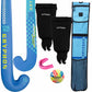 Blue Gryphon hockey stick, black leg guards, pink mouthguard, colorful ball, and blue carrying bag on a white background.