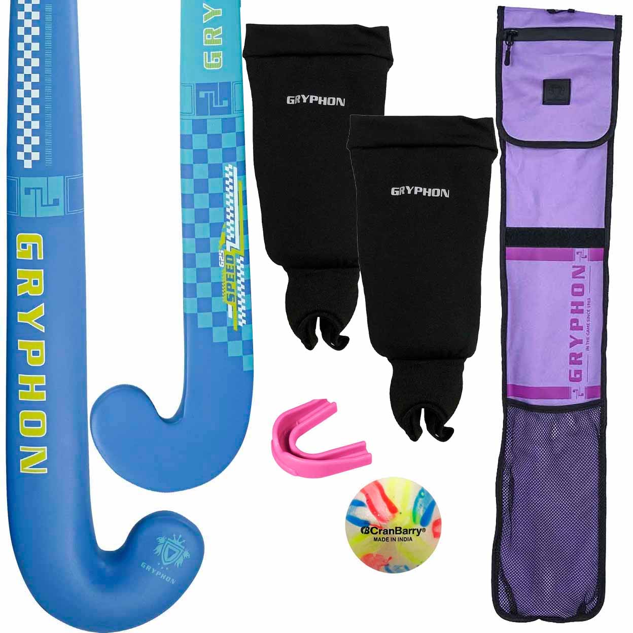 Blue hockey stick, black leg guards, pink mouthguard, colorful ball, and purple Gryphon bag on a white background