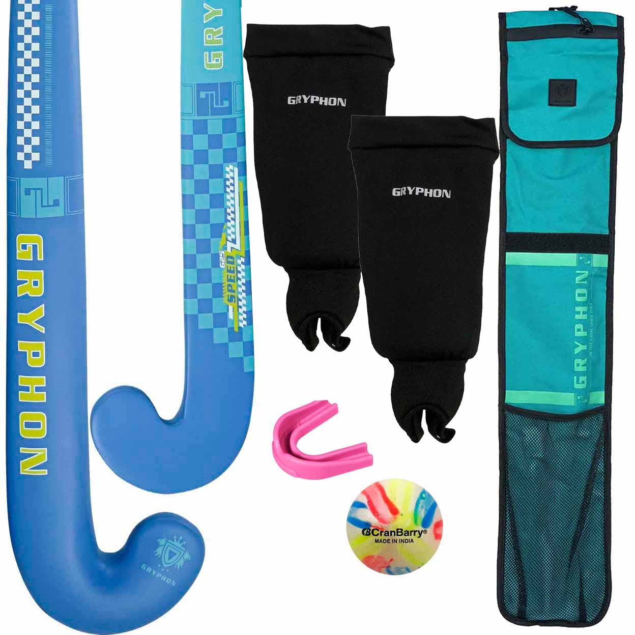 Blue Gryphon hockey stick, black leg guards, pink mouthguard, colorful ball, and teal carrying case on a white background.