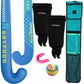 Blue Gryphon hockey stick, black leg guards, pink mouthguard, colorful ball, and teal carrying case on a white background.