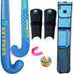 Hockey equipment set including a blue stick, black shin guards, a pink mouthguard, a colorful ball, and a blue carrying bag on a white background.