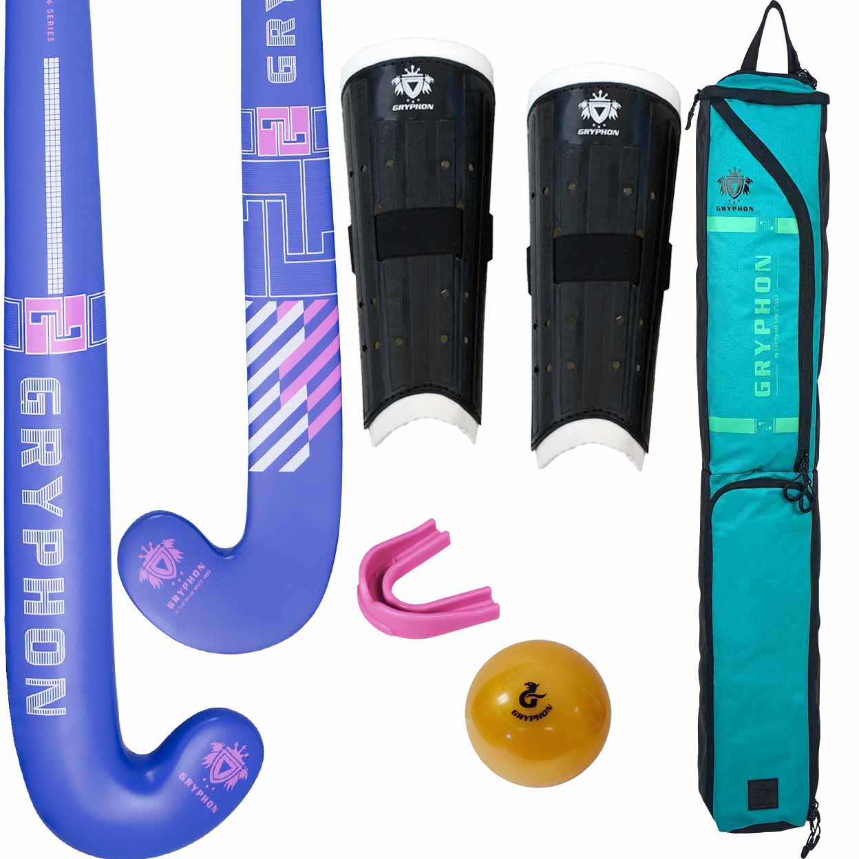 Gryphon hockey stick, shin guards, mouthguard, ball, and carrying case on a white background
