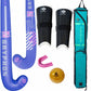 Gryphon hockey stick, shin guards, mouthguard, ball, and carrying case on a white background