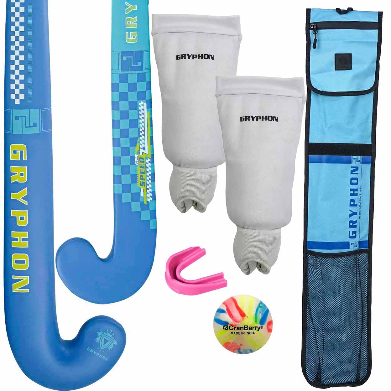 Gryphon hockey stick, protective gear, and ball with carrying case on a white background