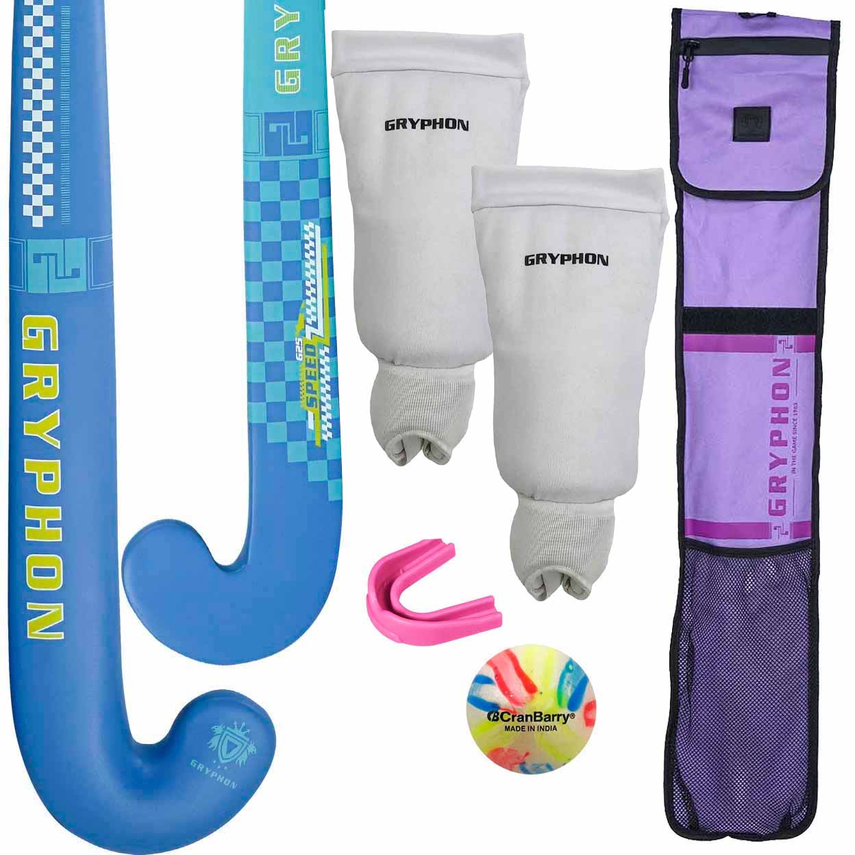 Gryphon hockey equipment including a blue stick, protective gear, and a ball on a white background.