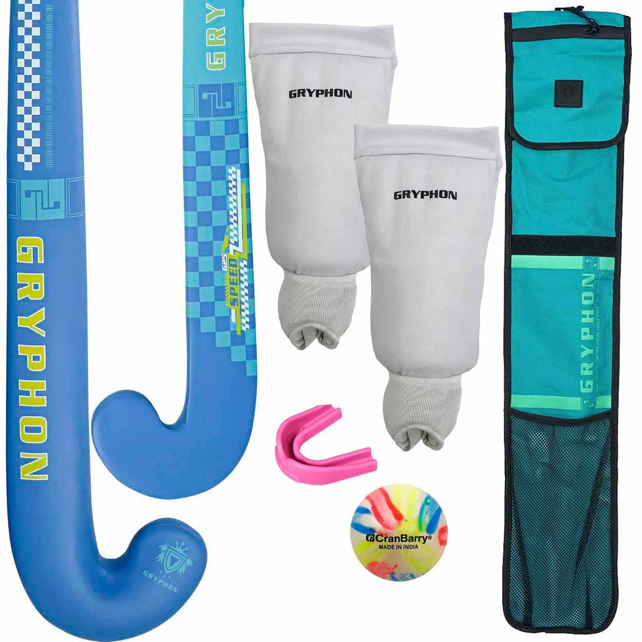 Gryphon hockey equipment set including a stick, shin guards, mouthguard, ball, and bag on a white background.