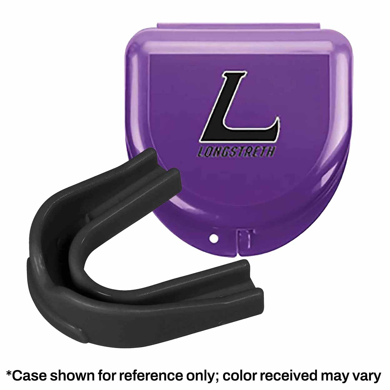 Mouth guard and case with text that reads *Case shown for reference only; color received may vary