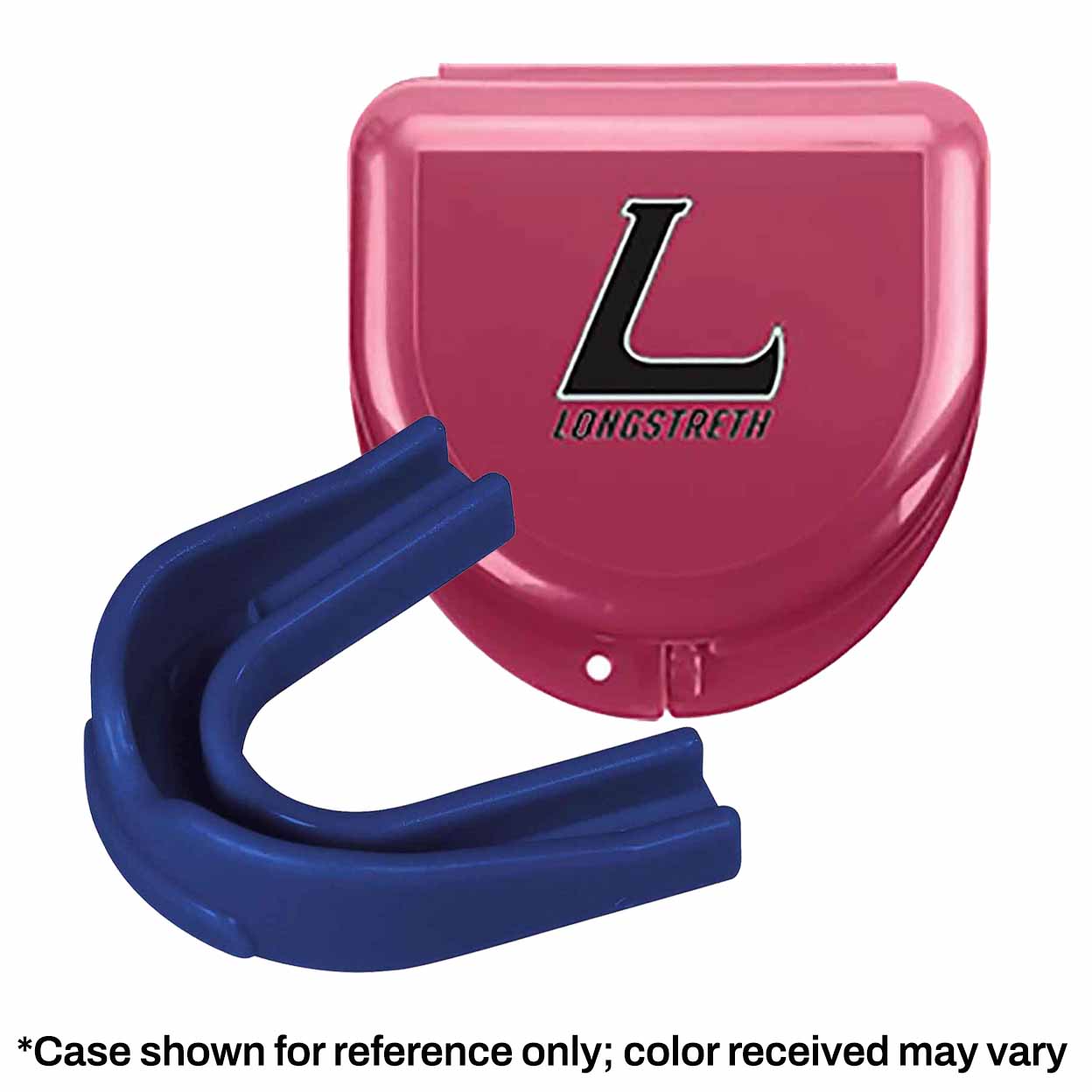 Mouth guard and case with text that reads *Case shown for reference only; color received may vary