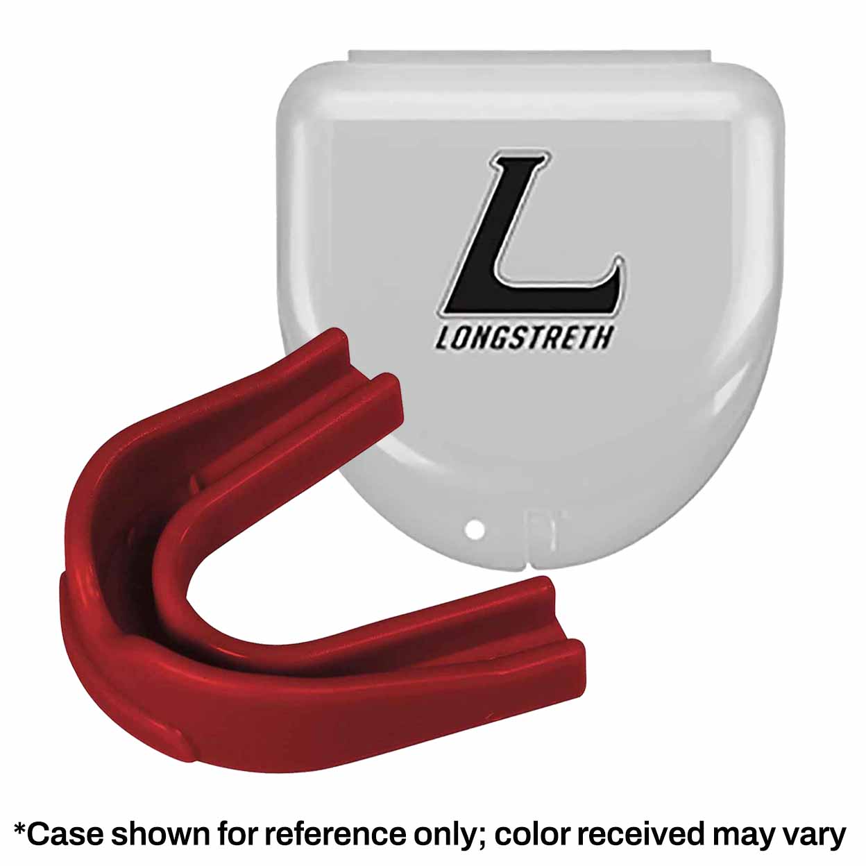 Mouth guard and case with text that reads *Case shown for reference only; color received may vary