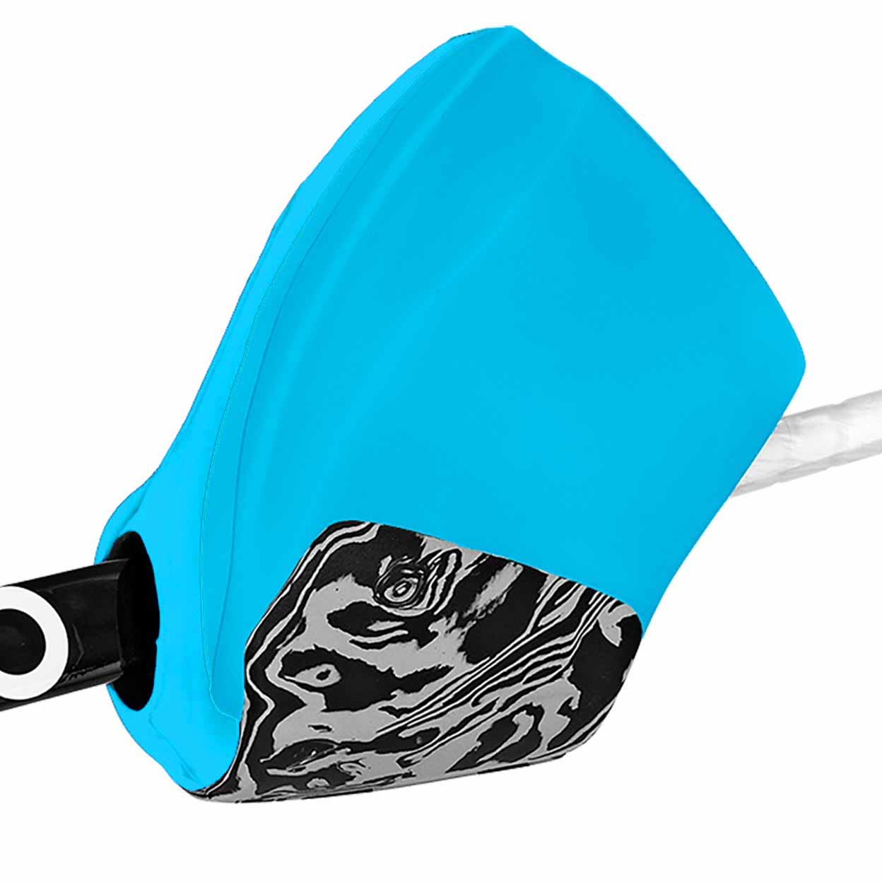 Close-up of a blue and black and white patterned face hand protector on a white background