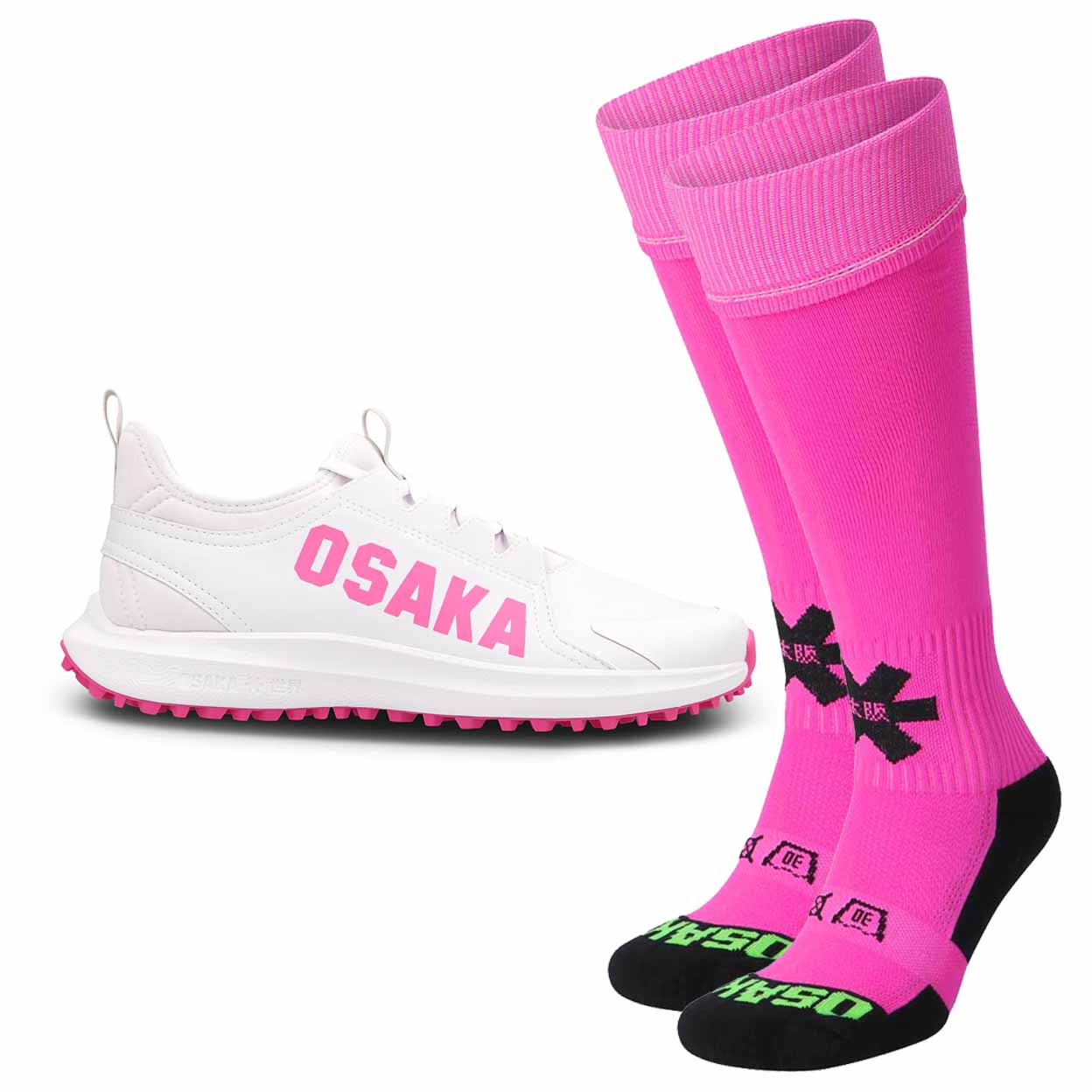 White sports shoe with pink 'OSAKA' branding and pink knee-high socks on a white background