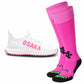 White sports shoe with pink 'OSAKA' branding and pink knee-high socks on a white background