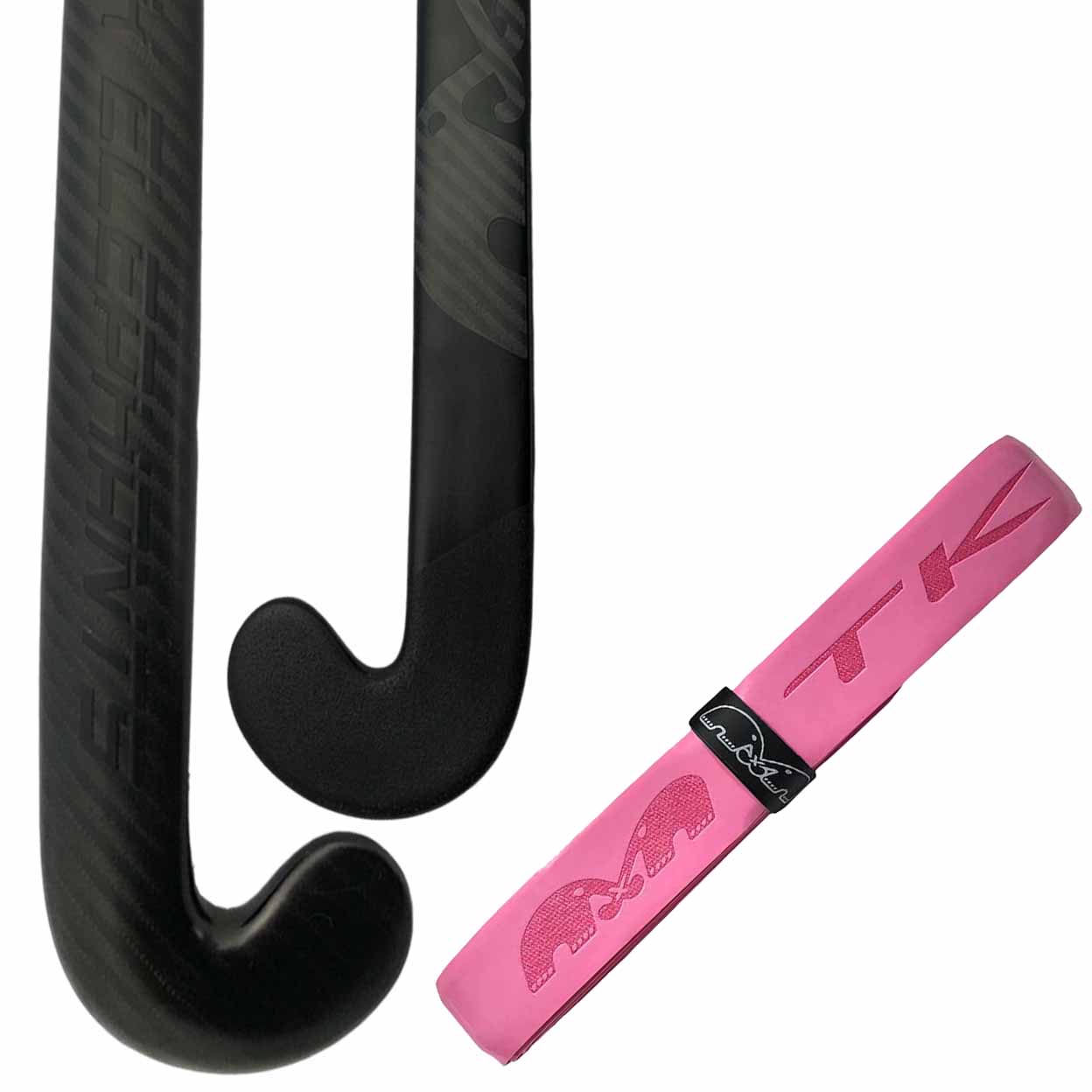 Black hockey stick with pink grip on a white background