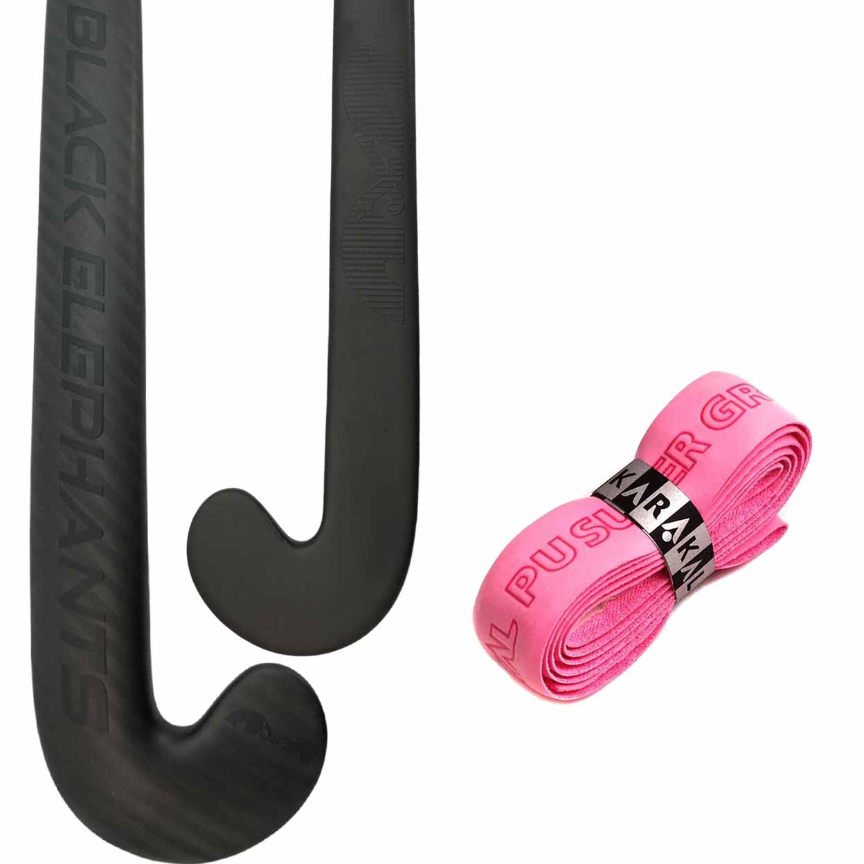 Two black hockey sticks with a pink grip on a white background
