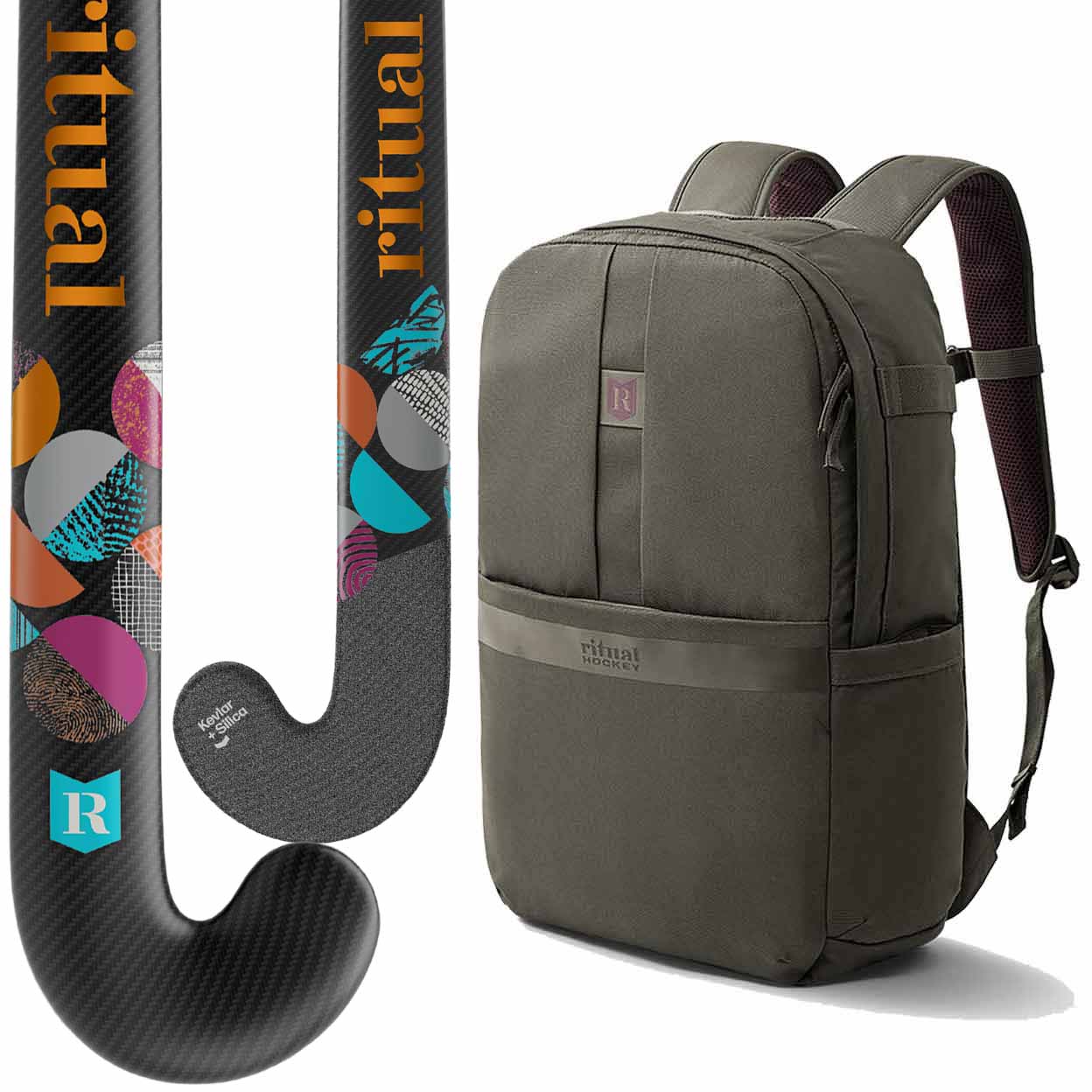 Gray backpack next to a colorful sports stick with 'ritual' branding on a white background