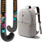 Gray backpack next to a colorful hockey stick with 'Ritual' branding on a white background