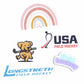 Sticker Pack bundle of five field hockey stickers - rainbow, USA, Puppy, FH Text, and Longstreth logo.