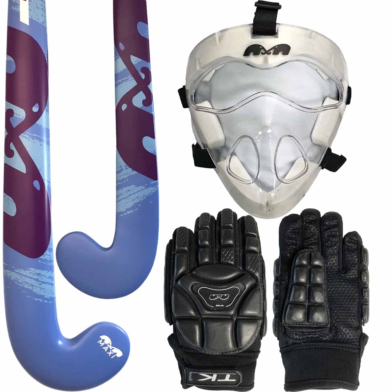 A sports equipment set on a white background, including a blue and purple field hockey stick, a clear protective face mask with black straps, and black gloves.