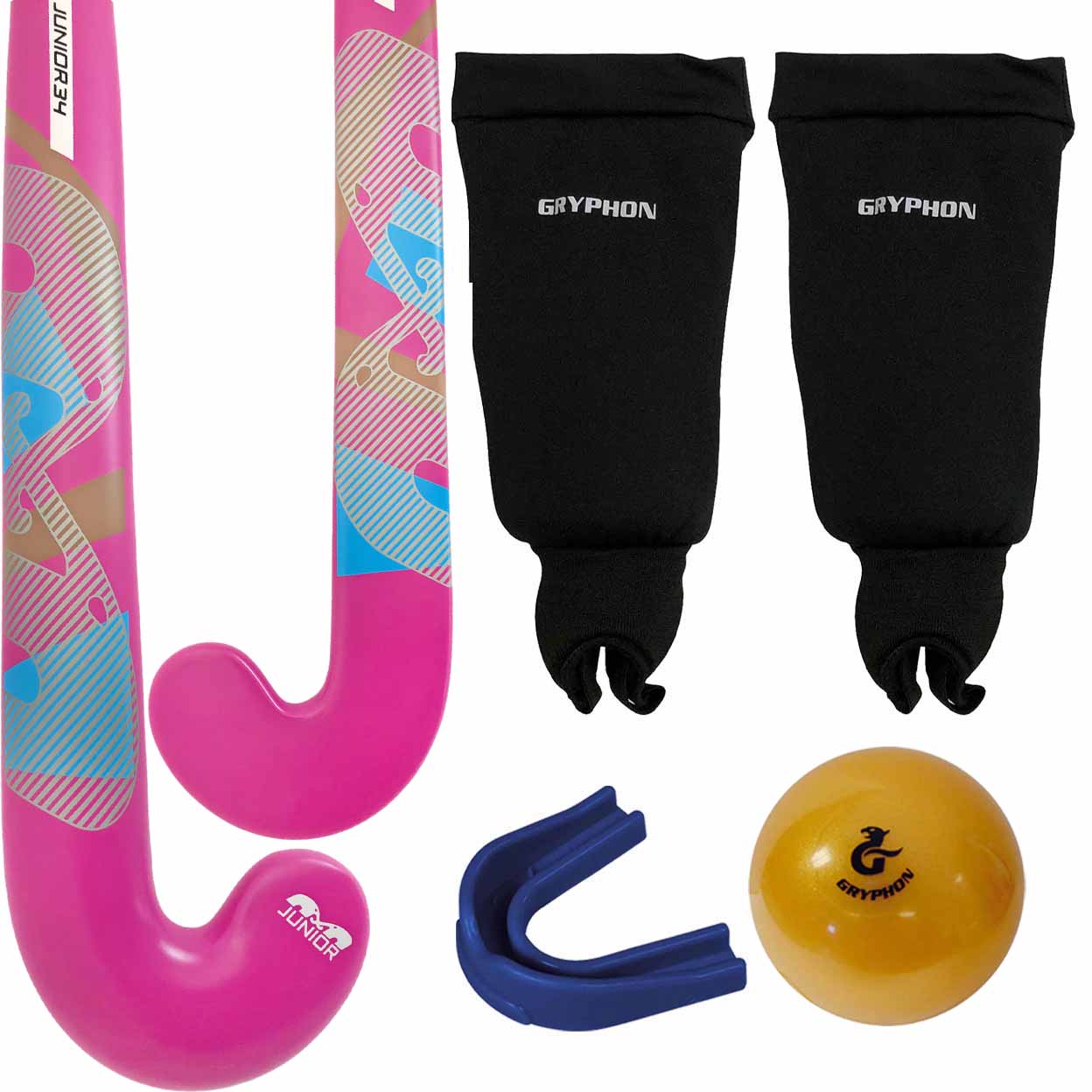 Pink hockey stick, black leg guards, yellow ball, and blue mouthguard with Gryphon branding on a white background.