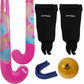 Pink hockey stick, black leg guards, yellow ball, and blue mouthguard with Gryphon branding on a white background.
