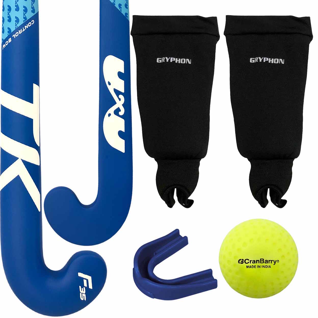 Blue hockey stick, black shin guards, blue holder, and yellow ball on a white background