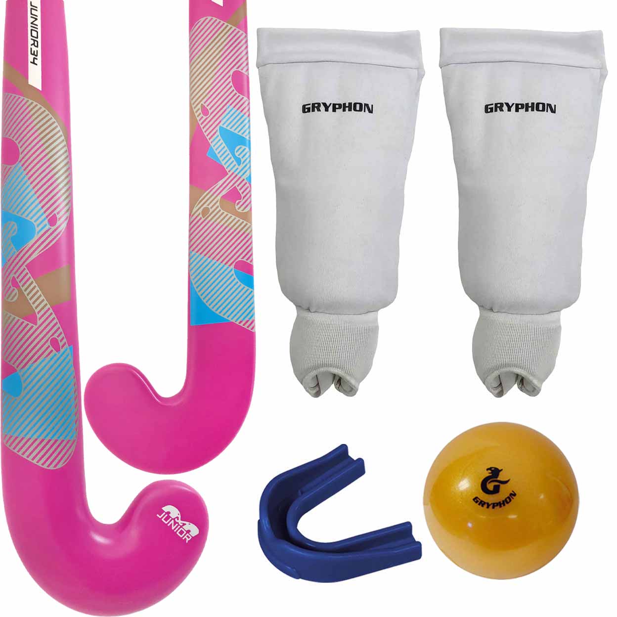 Pink hockey stick, white leg guards, blue mouthguard, and yellow ball with Gryphon branding on a white background.