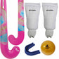 Pink hockey stick, white leg guards, blue mouthguard, and yellow ball with Gryphon branding on a white background.