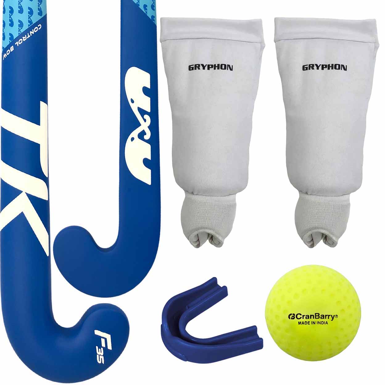Blue hockey stick, white leg guards, blue holder, and yellow ball on a white background with Gryphon branding.