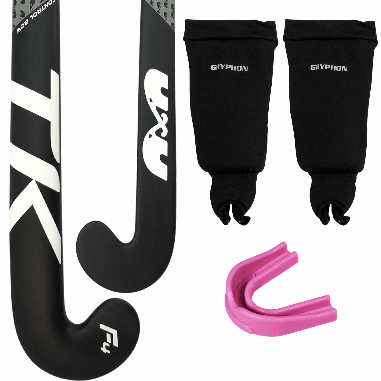  sports equipment kit on a white background, featuring a black and white hockey stick, a pair of black shin guards with 'GRYPHON' branding, and a pink mouthguard.