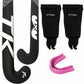  sports equipment kit on a white background, featuring a black and white hockey stick, a pair of black shin guards with 'GRYPHON' branding, and a pink mouthguard.