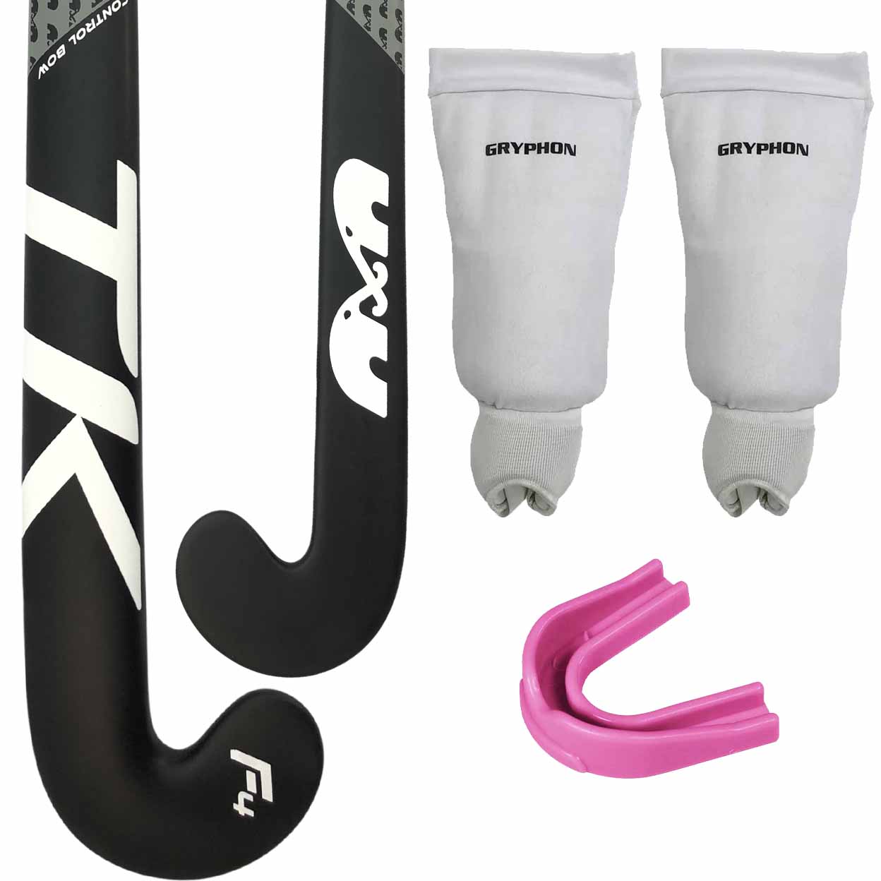  sports equipment kit on a white background, featuring a black and white hockey stick, a pair of white shin guards with 'GRYPHON' branding, and a pink mouthguard.