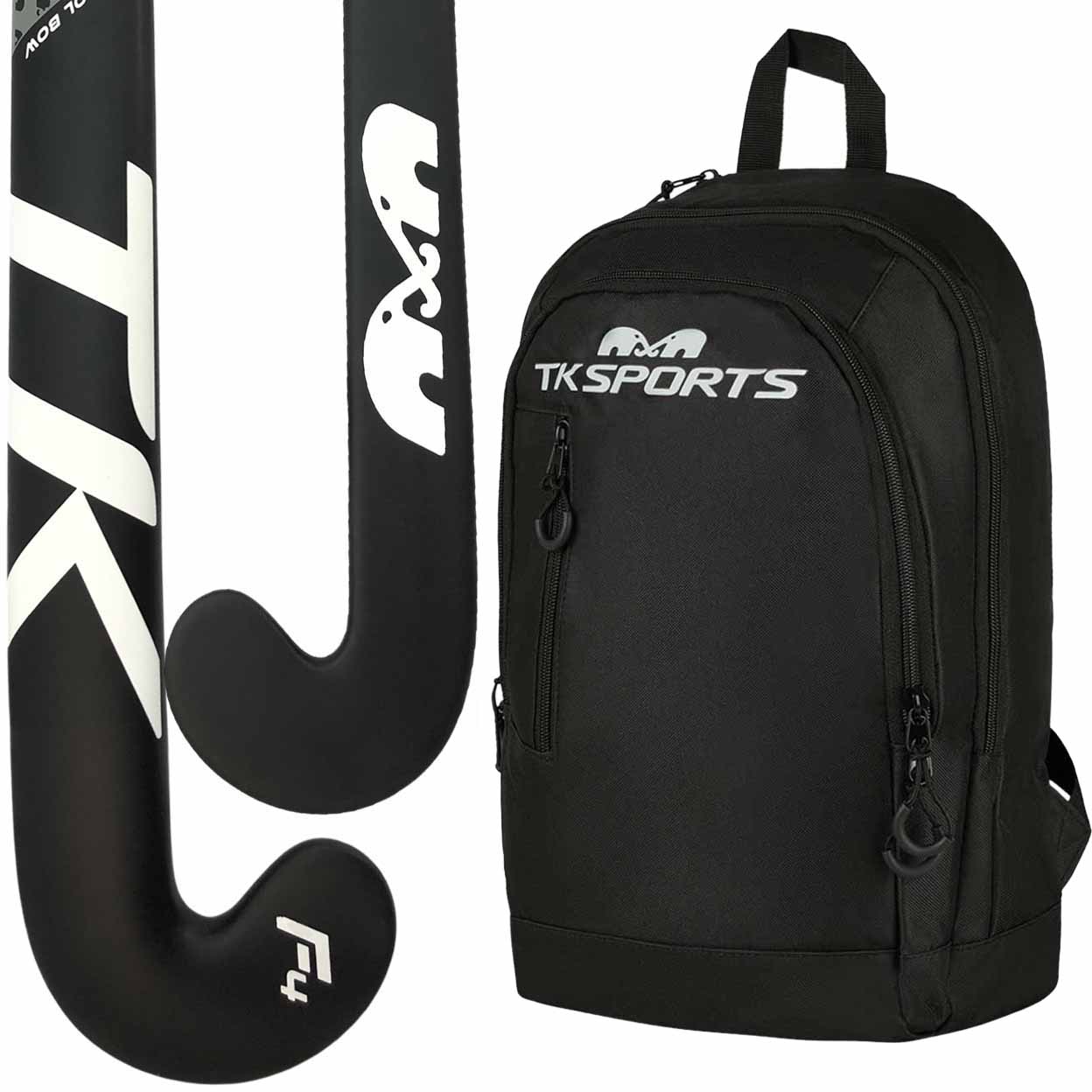A black TK Sports backpack shown next to two black and white TK Sports hockey sticks on a plain white background.