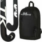 A black TK Sports backpack shown next to two black and white TK Sports hockey sticks on a plain white background.