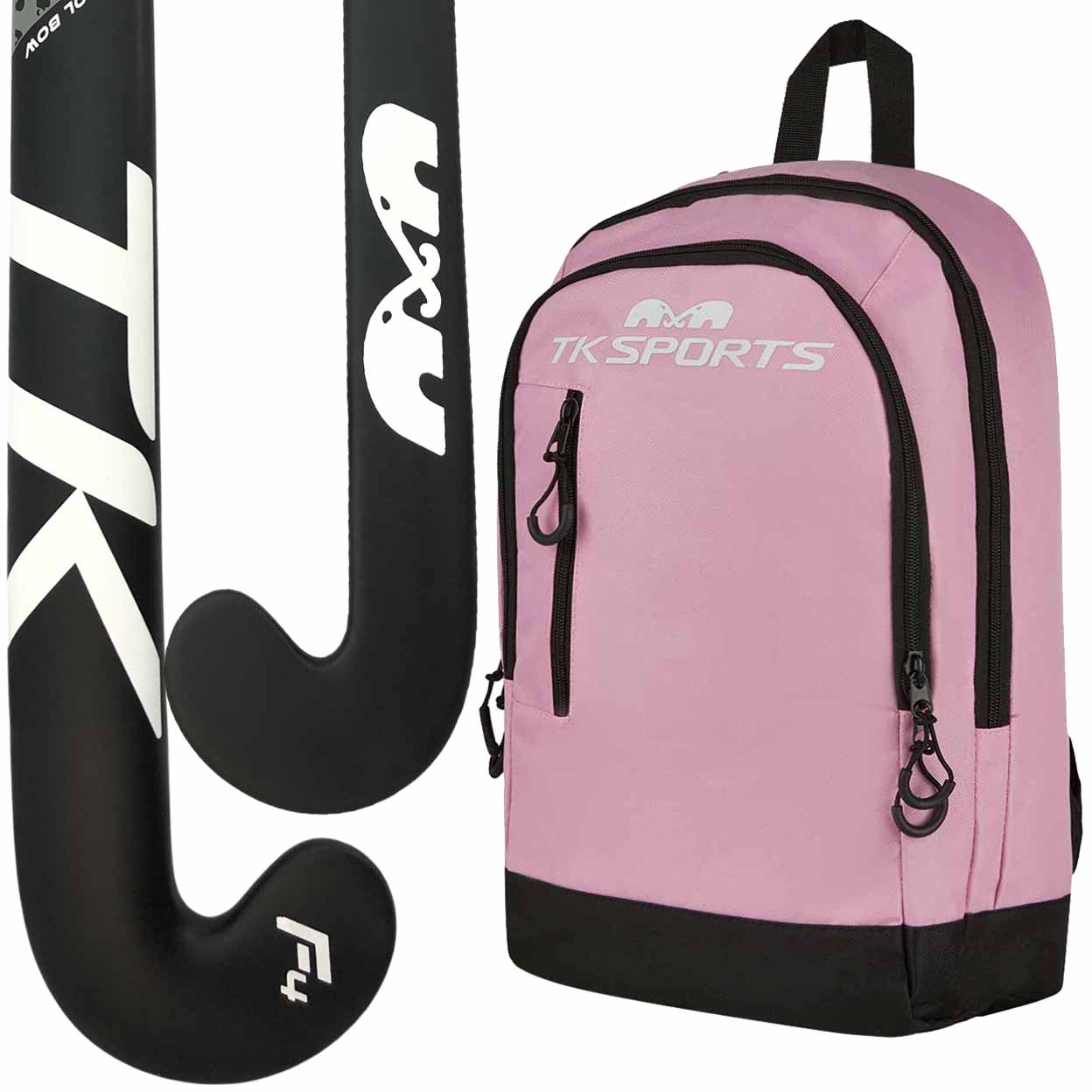Pink backpack with black accents and hockey sticks on a white background